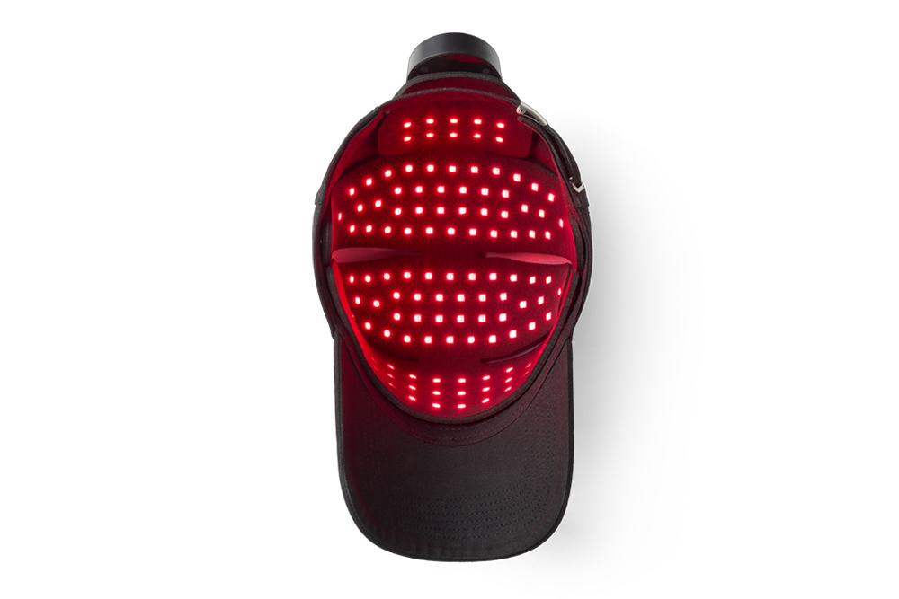 Inside of Black cap with red LED lights on, glowing red.
