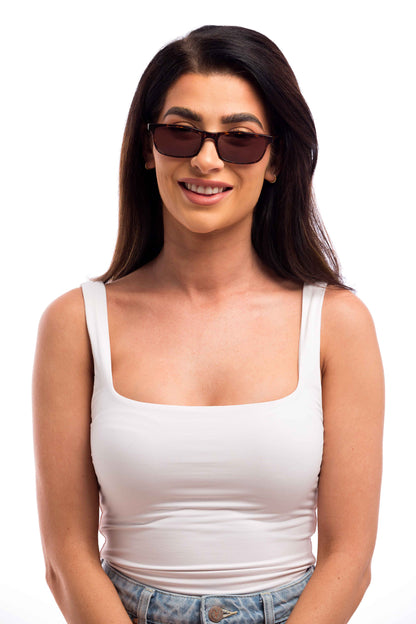 Woman Wearing Tortoise Shell Sunglasses Readers (Brown)